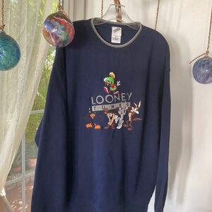 Looney Tunes VTG Navy Blue Embroidered Swearshirt  Size XL